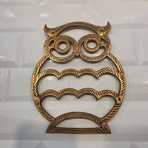 Vintage Owl Trivet Hot Plate Gold Cast Iron 8" x 6.5" Footed